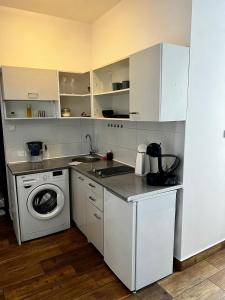 a kitchen with a sink and a washing machine at eM Apartment 17 in Katowice