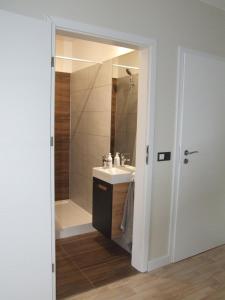 łazienka z prysznicem, umywalką i lustrem w obiekcie White Room Wrocław przy Wyspie Opatowickiej we Wrocławiu
