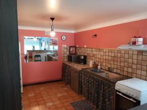 a kitchen with red walls and a sink at Martine in Rouffignac Saint-Cernin