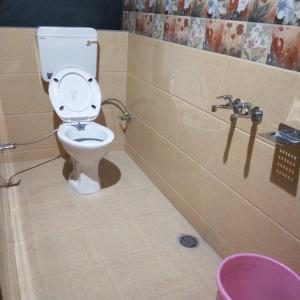 a bathroom with a toilet in a stall at Snow View Himalayan Adventure in Kasol
