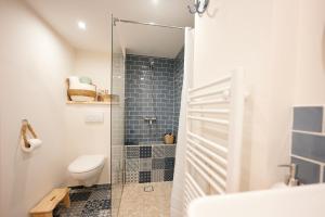 ein Bad mit einem WC und einer Glasdusche in der Unterkunft Casa MaMa&ly in Bellentre