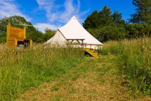 a large white marquee in a field of tall grass at Walltree House Glamping in Brackley