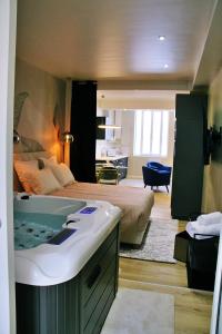 um quarto com uma cama e uma banheira num quarto em Appartement luxueux avec Jacuzzi privatif em Roanne