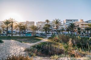 a view of a beach with palm trees and buildings at Bahia in Arenales del Sol