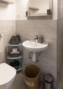 La salle de bains est pourvue d'un lavabo et de toilettes. dans l'établissement GreenRiver Apartment, à Spodnje Gorje