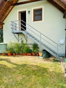 una casa con una escalera y macetas de plantas en Ferienappartement am Almesbach Weiden en Weiden