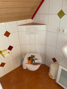 a bathroom with a toilet with a toy in the bowl at Ferienappartement am Almesbach Weiden in Weiden