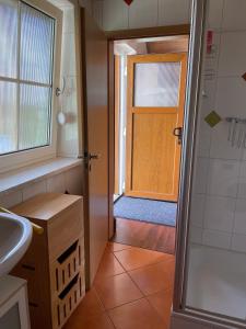 baño con lavabo, ducha y puerta en Ferienappartement am Almesbach Weiden, en Weiden