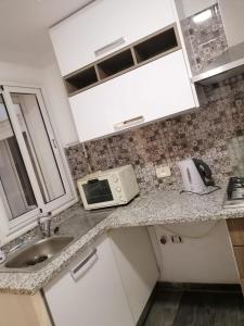 a kitchen counter with a sink and a microwave at Derby de Cité el Khadra in Tunis