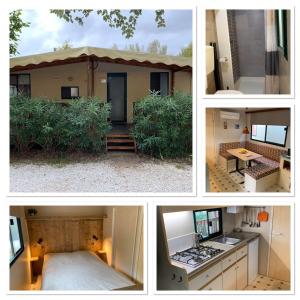 un collage de quatre photos d'une maison dans l'établissement Mobile home Comfort Viareggio - Including airco -Camping Paradiso- R028, à Viareggio