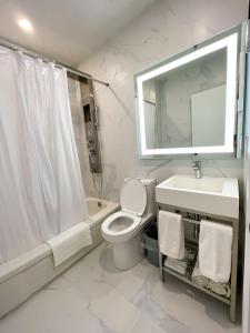 a bathroom with a toilet and a sink and a mirror at Hotel Saint-Andre in Montreal