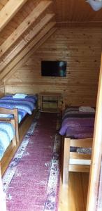 a log cabin with two beds and a flat screen tv at Guest house Anka in Žabljak