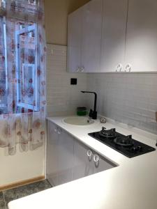 a white kitchen with a stove and a sink at Apartment Kostava 10 in Batumi