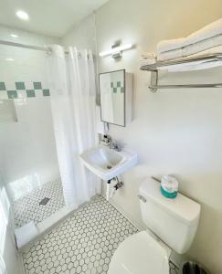 a white bathroom with a toilet and a sink at Frederick Motel in Fredericksburg