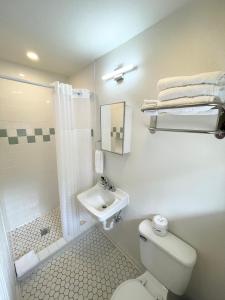 a white bathroom with a toilet and a sink at Frederick Motel in Fredericksburg