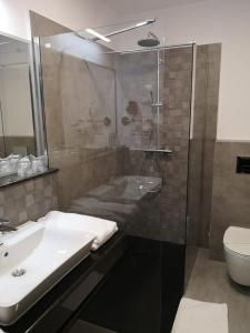 a bathroom with a sink and a shower and a toilet at New Wolf in Bran