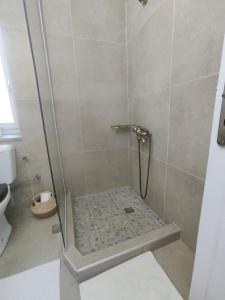 een douche met een glazen deur in de badkamer bij House Moschα in Ándros