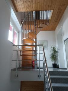 - un escalier dans une maison dotée d'un plafond en bois dans l'établissement Ferienwohnung Sonnenschein, à Rheinhausen