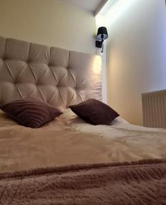 een bed met twee kussens in een kamer bij Malta Premium Apartment, free parking, self check-in 24h in Poznań