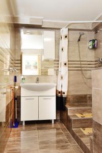 a bathroom with a white sink and a shower at Apartman Bingo in Josipdol