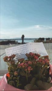 un ramo de flores con una nota encima en Villa per vacanze Isola en Fanusa