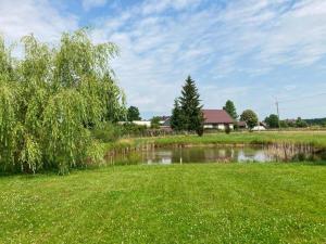un estanque en un campo con un árbol y una casa en Domek nad stawem, 