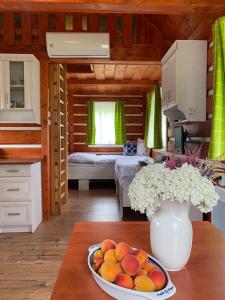 a kitchen and living room with a table with a bowl of fruit at Apartmany Silver in Rokytnice nad Jizerou
