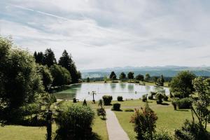 a view of a pond in a park with trees at Rosenalm Scheidegg in Scheidegg