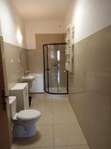 een badkamer met een toilet en een douche. bij Gdynia Pokoje Blisko Morza i Centrum in Gdynia
