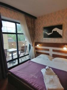 ein Schlafzimmer mit einem Bett und einem großen Fenster in der Unterkunft Шале Золота пiдкова та рiчка in Slawske