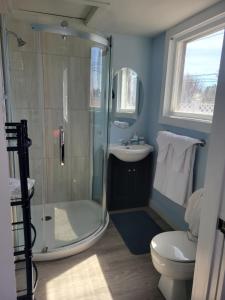 a bathroom with a shower and a toilet and a sink at The Home Place Inn in Kensington +51 photos