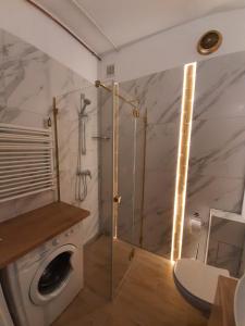 łazienka z prysznicem i pralką w obiekcie Apartament Kaszownik w Toruniu