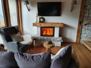 a living room with a fireplace and a couch at Bichlhof in Kaisers