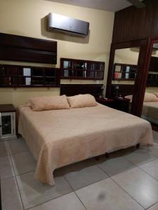 een slaapkamer met een bed en een tv aan de muur bij Hacienda en Primavera, descanso Familiar total in Puerto Vallarta