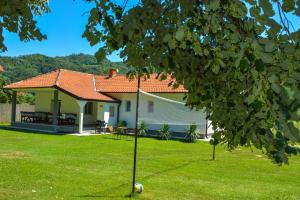 a house with a soccer ball in the yard at Drinska kućica in Ljubovija