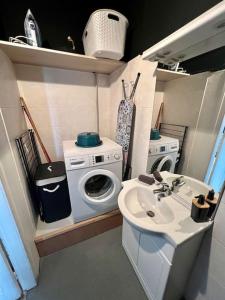 ein kleines Bad mit einer Waschmaschine und einem Waschbecken in der Unterkunft Casa Zola - Magnifique T3 Climatisé - Centre Ville in Brive-la-Gaillarde