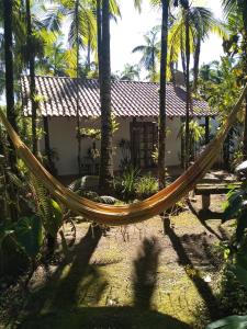 a hammock in front of a house with palm trees at Armazém do Porto Chalé Ixora in Morretes