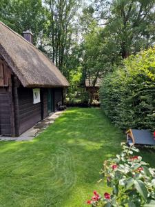 a yard next to a house with a thatch roof at Fließ Paradies mit Blockbohlensauna in Leipe