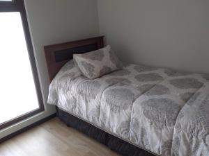 a bedroom with a bed with a pillow and a window at Casa Pingueral Tomé in Concepción