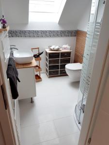 a bathroom with a sink and a toilet at Baumann's apartment - ruhige Lage in Grifte