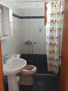 un bagno con lavandino, WC e tenda da doccia di O Fotis ad Agios Prokopios Altre 99 foto