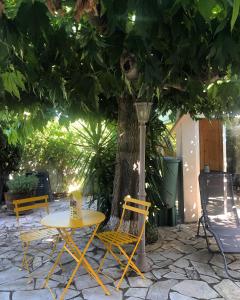 ein gelber Tisch und Stühle unter einem Baum in der Unterkunft COLORS by Reine du Sud, proche des Grands Buffets in Narbonne