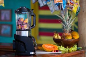 una licuadora sentada en una mesa con un bol de frutas en Open Gate Hostel Hawaii en Pahoa