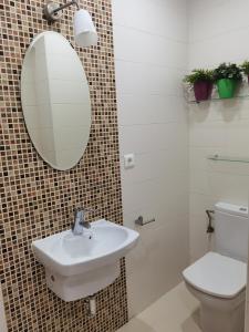 La salle de bains est pourvue d'un lavabo, de toilettes et d'un miroir. dans l'établissement Atrapatuatico, à Soto de la Marina