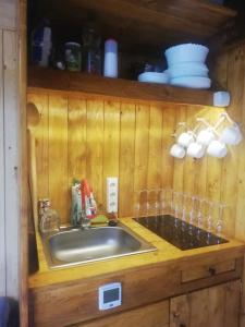 a kitchen counter with a sink in a kitchen at Casa din "Curtea cu cai" in Borsec