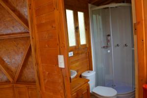 un bagno con wc e doccia in vetro di Arrecife Glamping a Guatavita