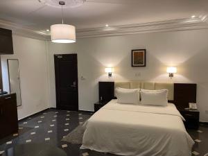 um quarto com uma grande cama branca e 2 almofadas em HOTEL LES ARCADES em Cotonou