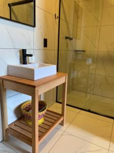 a bathroom with a sink and a shower at Estalagem Santa Clara in Urubici