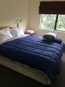 a large blue bed in a bedroom with a window at Tekoa Lodge Raurimu in Raurimu Spiral