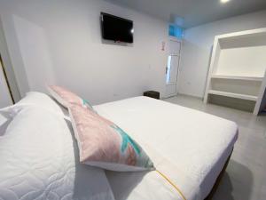 1 dormitorio con cama blanca y almohada en OCEANA HOTEL en San Andrés